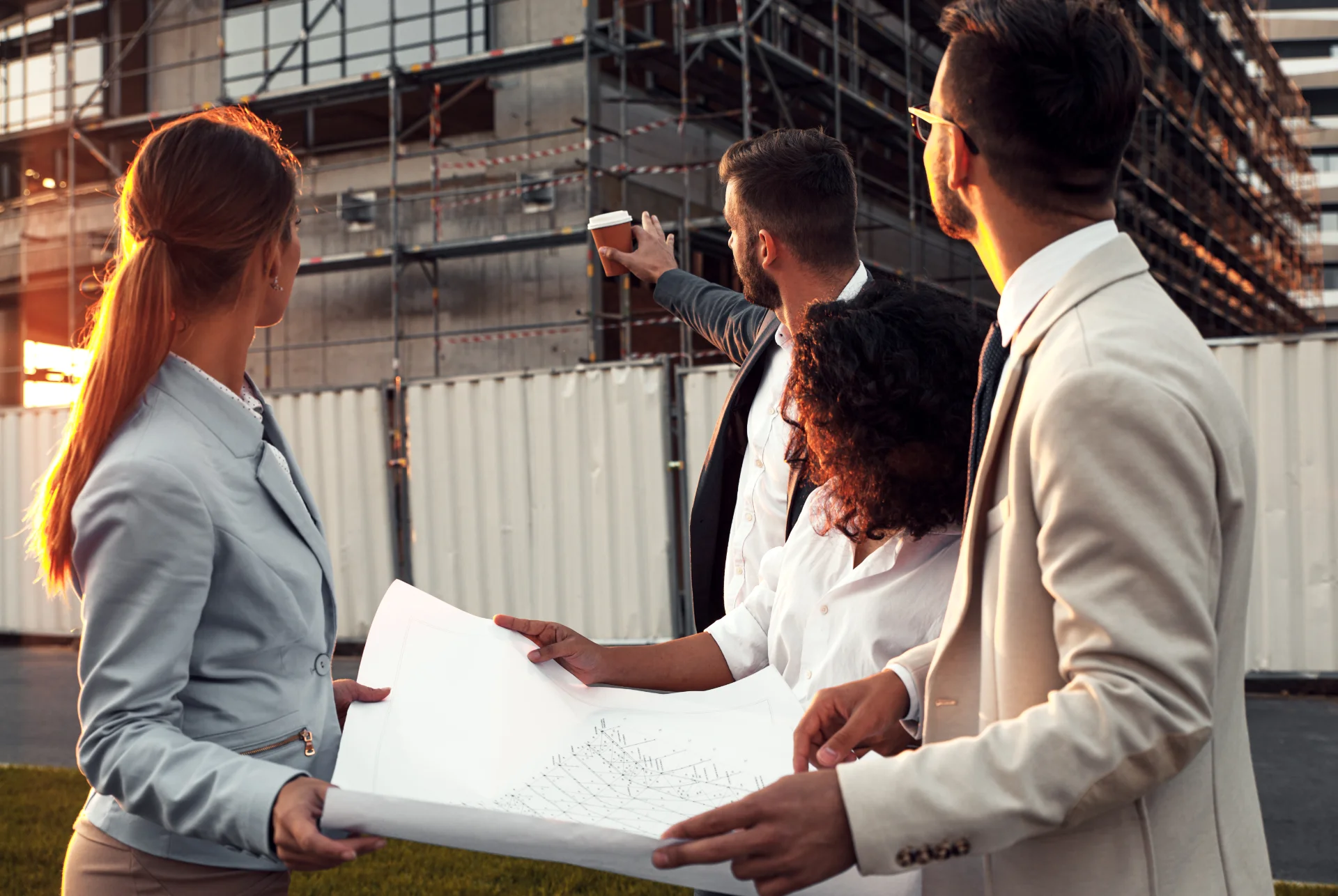 Ingenieurteam bespricht Baupläne auf Baustelle