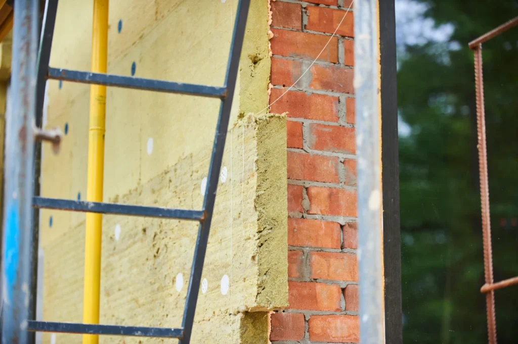 Wanddämmung mit Mineralwolle an Ziegelmauer.