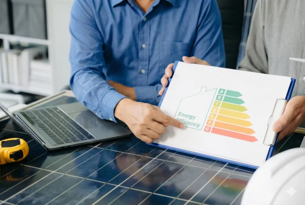 Beratung zur Energieeffizienz mit Diagramm und Laptop